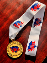 Load image into Gallery viewer, White band with red and blue logos, featuring a gold medal with similar design.